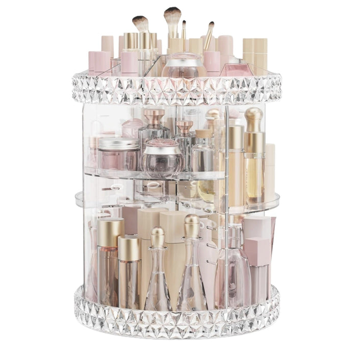 360° Rotating Acrylic Makeup Organizer – Multi-Tier Cosmetic Storage with Diamond-Cut Design