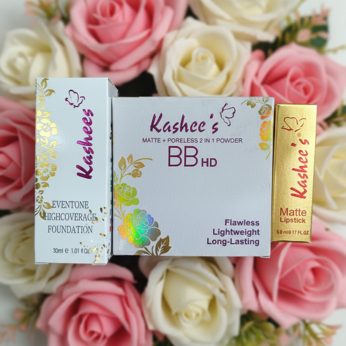 Kashee’s Complete Makeup Set With Foundation, BB HD Powder, And Matte Lipstick – Flawless, Lightweight, Long Lasting Beauty Essentials